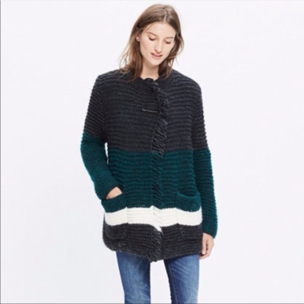 Madewell Women's Handknit Fringe Color Block Sweater Cardigan Size XL
